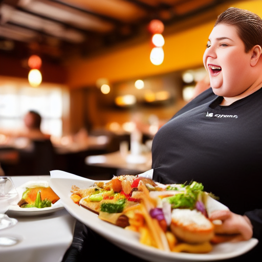 KI-seneriertes Bild einer übergewichtigen Kellnerin, die Teller mit Essen darauf in der Hand trägt und lacht